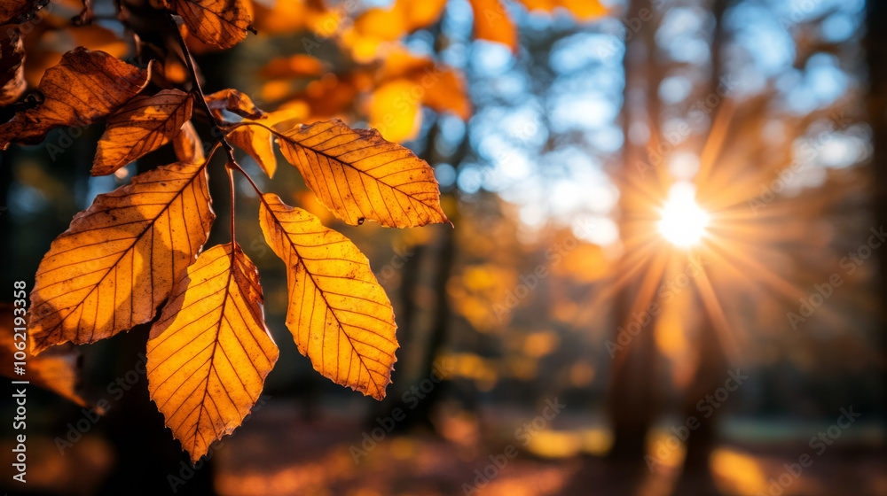 Golden autumn leaves catch sunlight in a serene forest setting at dawn Golden autumn leaves catch sunlight in a serene forest setting at dawn