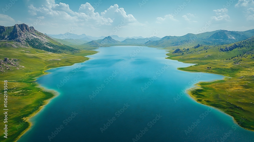 Fototapeta premium Expansive view of vast freshwater lake breaking its natural barriers flooding lowlands and leading to widespread changes in climate and sea levels