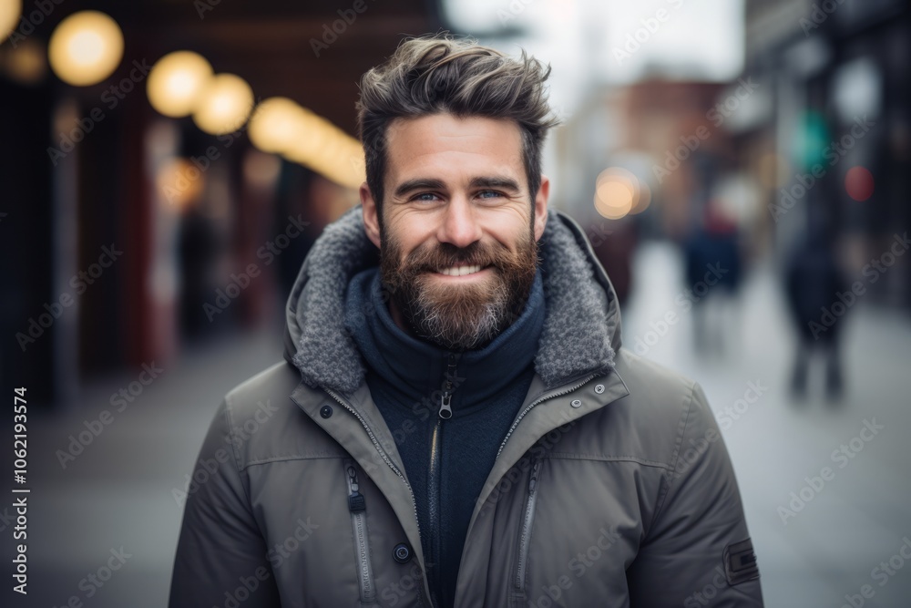 Portrait of a handsome bearded man wearing a coat and scarf in the city Portrait of a handsome bearded man wearing a coat and scarf in the city
