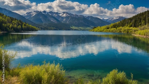 A tranquil lake reflects majestic mountains under a blue sky adorned with fluffy clouds during a sunny day in nature