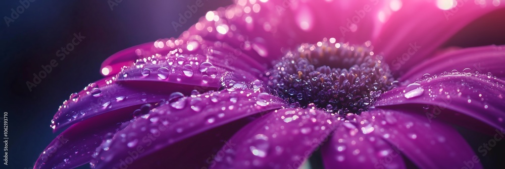 Fototapeta premium A purple daisy with water droplets clinging to its petals. The petals should be detailed, displaying their natural texture and rich purple color.