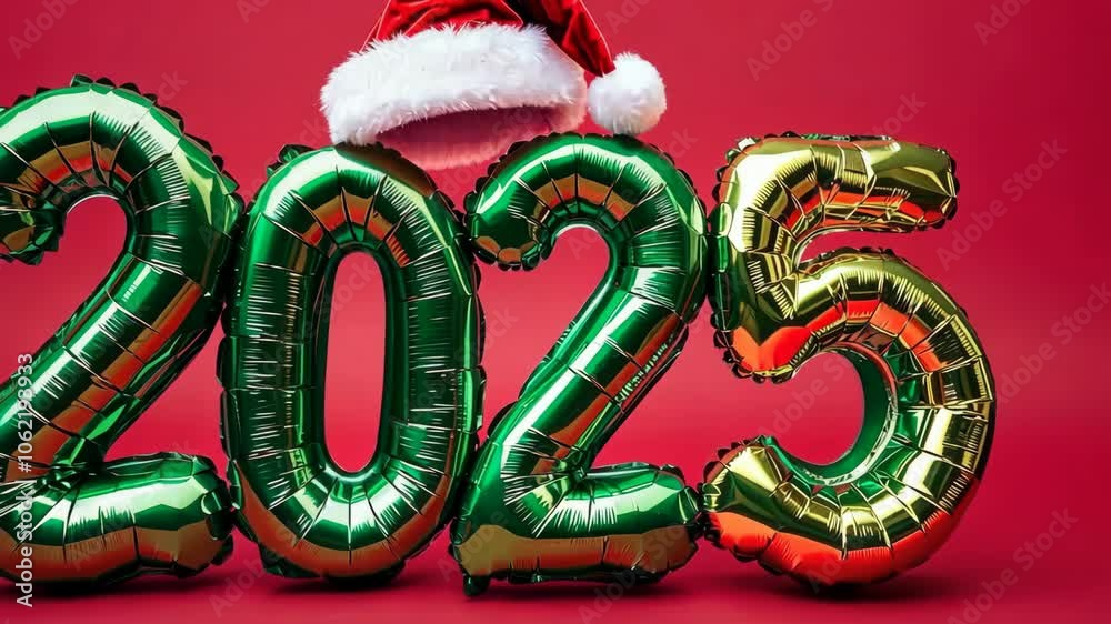 Celebrating the arrival of 2025 with festive balloons and a Santa hat in a vibrant red setting Celebrating the arrival of 2025 with festive balloons and a Santa hat in a vibrant red setting