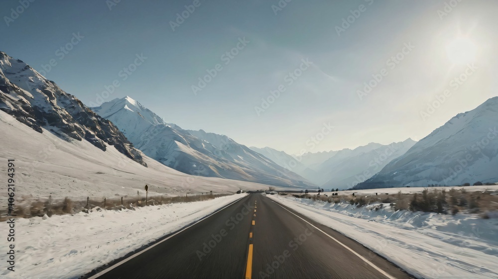 A scenic drive with snow capped mountains in view A scenic drive with snow capped mountains in view