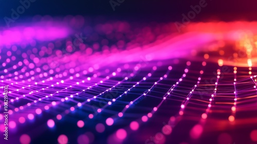 A vibrant background featuring a colorful grid pattern with pink and purple lines. Design the background as an abstract 3D neon scene with geometric elements composed of polygonal structures.