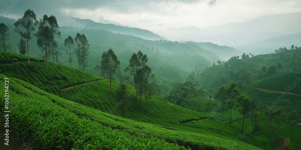 Obraz premium A lush green hillside with trees and a misty sky. The scene is peaceful and serene, with the mist adding a sense of calmness to the landscape