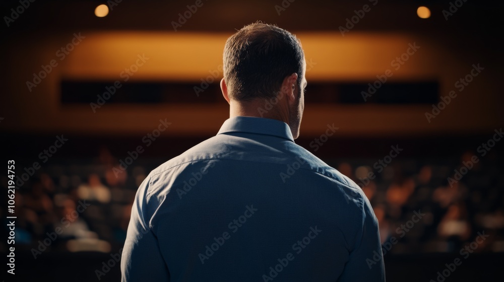 Fototapeta premium A man stands confidently on stage, addressing an unseen audience in a dimly lit, spacious theater, capturing the essence of public speaking and engagement.