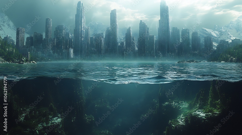 Fototapeta premium Underwater depiction of rising sea levels massive floods inundating coastal areas showcasing the environmental shifts during the Younger Dryas