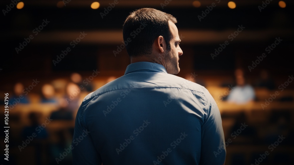 A man, viewed from behind, stands confidently on stage in a dimly lit lecture hall, addressing an audience with focus and determination in a formal setting. A man, viewed from behind, stands confidently on stage in a dimly lit lecture hall, addressing an audience with focus and determination in a formal setting.