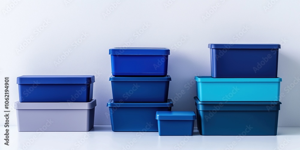 A stack of blue plastic containers sit on a white counter. The containers are of various sizes and are arranged in a neat stack. The blue color of the containers gives a sense of organization A stack of blue plastic containers sit on a white counter. The containers are of various sizes and are arranged in a neat stack. The blue color of the containers gives a sense of organization