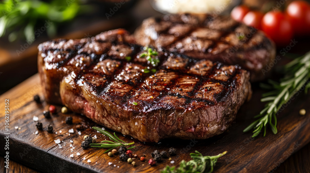 Juicy grilled steaks with herbs and spices on a wooden cutting board