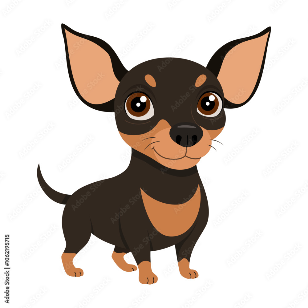 Black Chiweenie dog or chihuahua, mini pinscher. Dog is standing. Hand drawn flat style isolated. Vector illustration Black Chiweenie dog or chihuahua, mini pinscher. Dog is standing. Hand drawn flat style isolated. Vector illustration