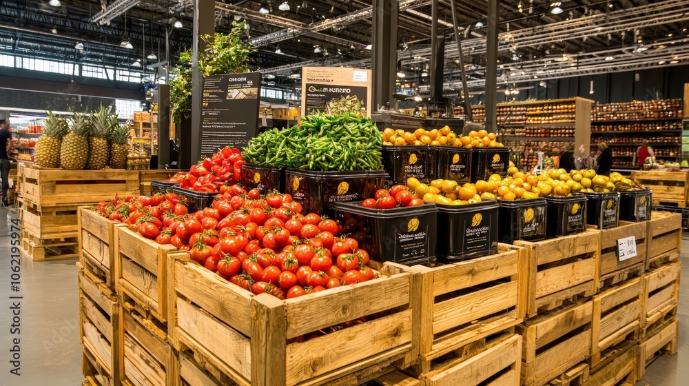 Fresh Produce Display Showcases Vibrant Vegetables and Fruits in a Modern Grocery Environment Enhancing Shopping Experience Fresh Produce Display Showcases Vibrant Vegetables and Fruits in a Modern Grocery Environment Enhancing Shopping Experience