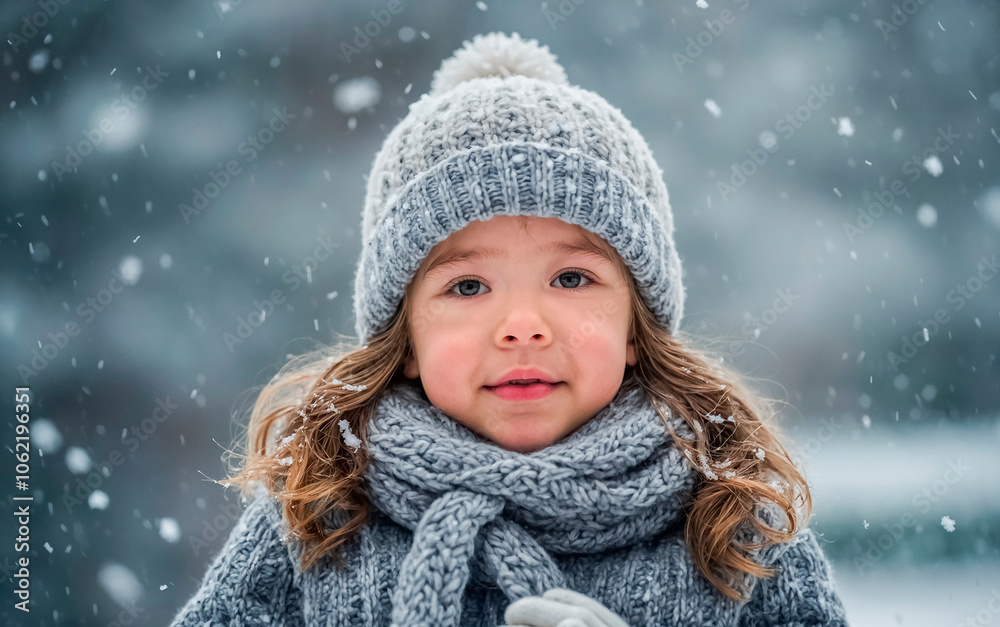 Cute little girl in a warm jacket and knitted hat on a snowy winter background Cute little girl in a warm jacket and knitted hat on a snowy winter background
