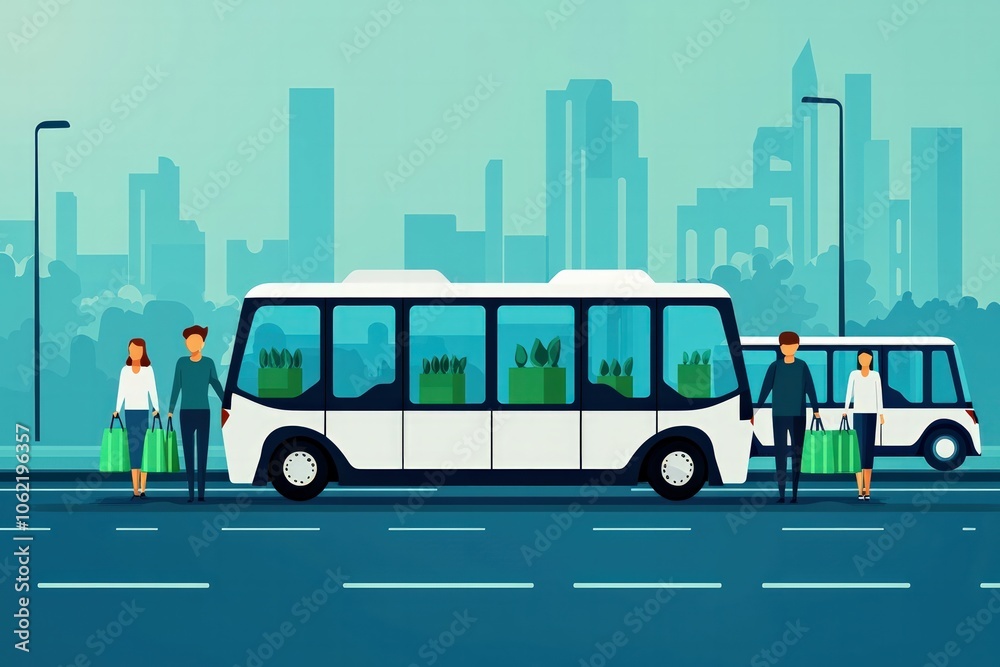 City commuters board an eco-friendly bus while carrying shopping bags filled with plants in a vibrant urban landscape City commuters board an eco-friendly bus while carrying shopping bags filled with plants in a vibrant urban landscape