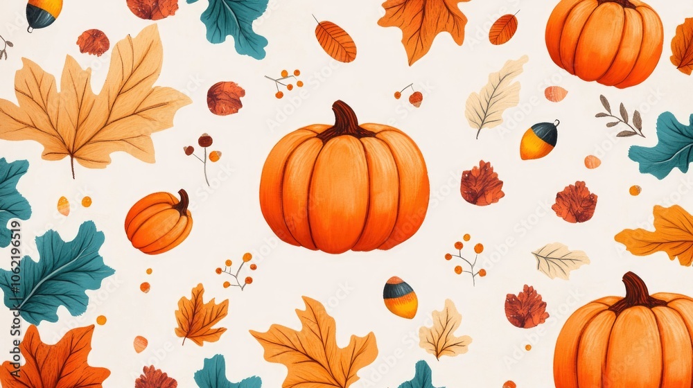 Seamless pattern of pumpkins, autumn leaves, and acorns on a beige background for thanksgiving day decor concept