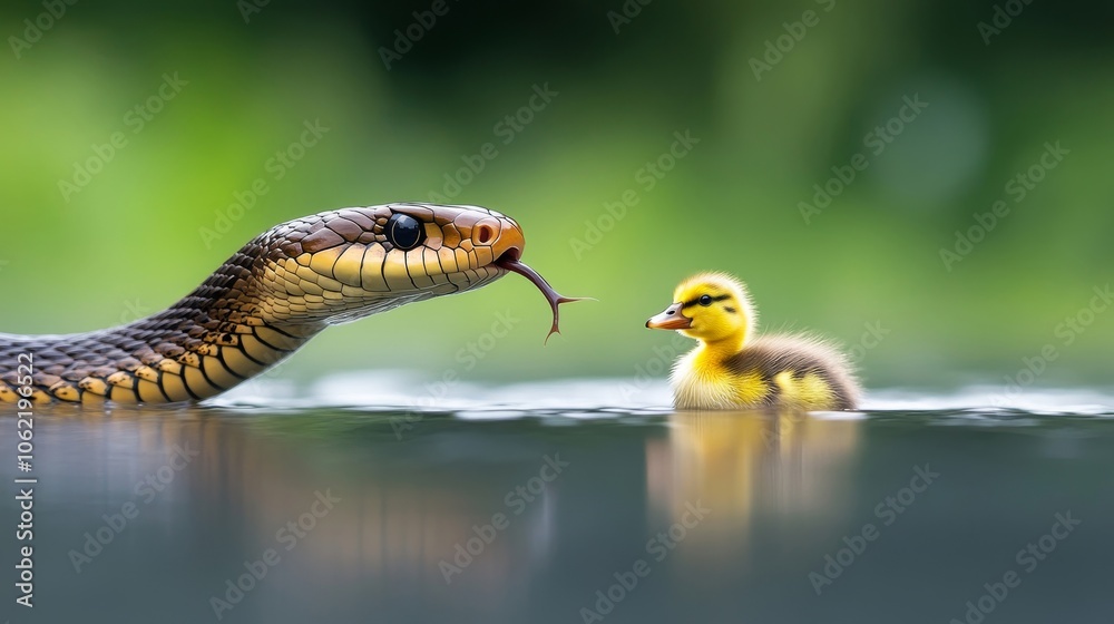 Cobra by the Pond: A king cobra swallows a duckling near a serene pond. Cobra by the Pond: A king cobra swallows a duckling near a serene pond.