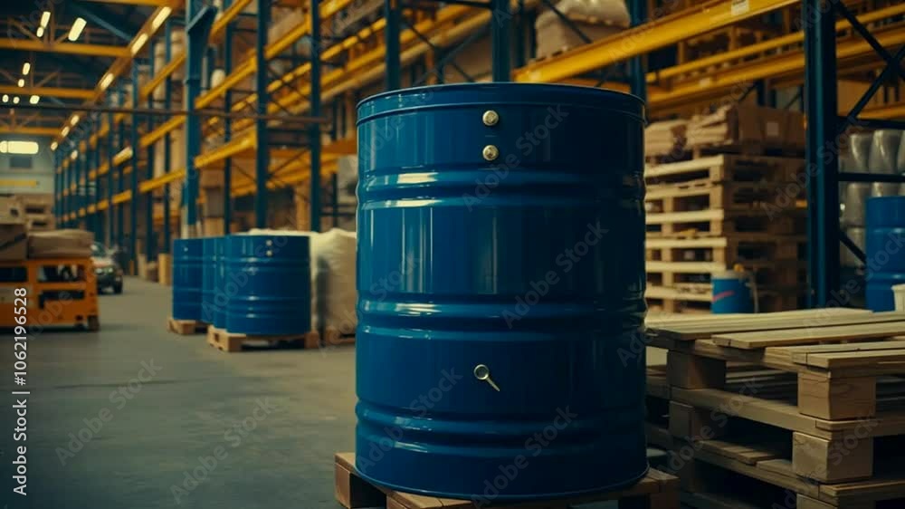 A blue storage barrel in a warehouse setting, surrounded by pallets and industrial shelving. A blue storage barrel in a warehouse setting, surrounded by pallets and industrial shelving.