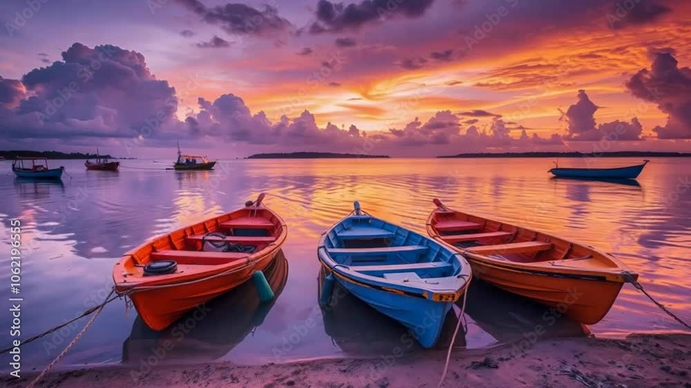 Colorful boats at sunset reflect in calm waters, creating a serene landscape. Colorful boats at sunset reflect in calm waters, creating a serene landscape.