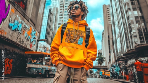 A young man in an orange hoodie stands confidently in a graffiti-covered urban street surrounded by tall modern buildings, showcasing vibrant and artistic street culture. photo