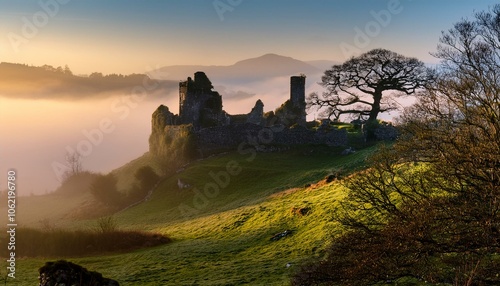 sunrise in the mountains ruin of castle and fog