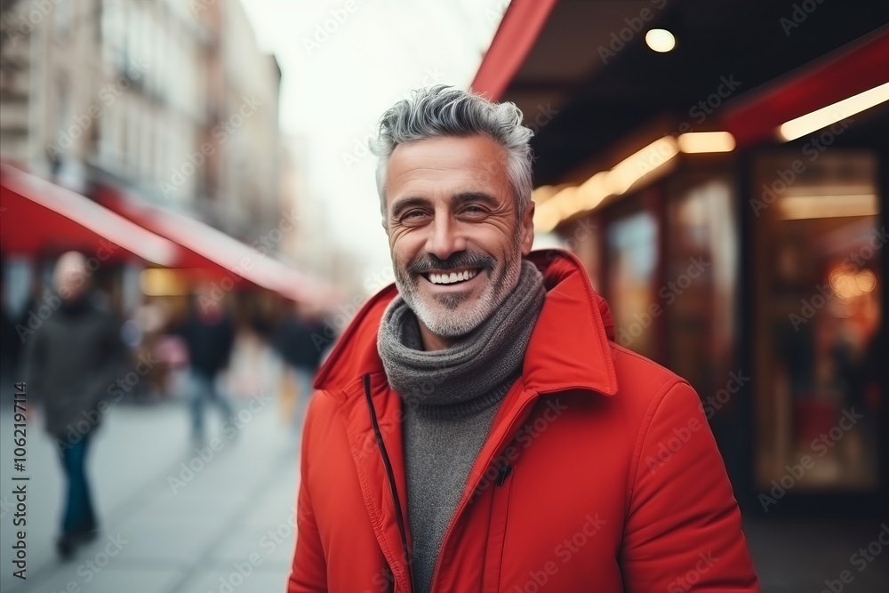 Portrait of a handsome middle-aged man in red jacket and grey scarf smiling at the camera. Portrait of a handsome middle-aged man in red jacket and grey scarf smiling at the camera.