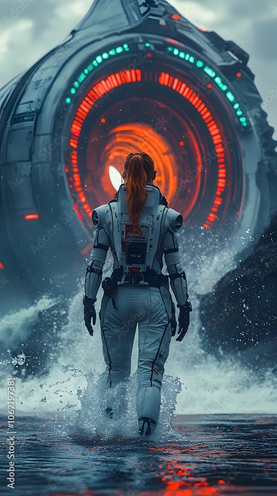 Fototapeta premium Astronaut Walking Towards a Large Spaceship