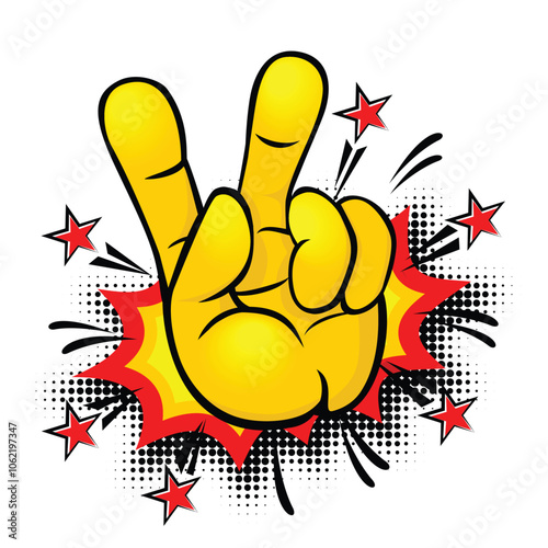 Finger gesture Peace or Victory in comic pop art style. Vector on transparent background