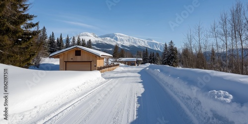 A snowy road with a house on the side. The house is surrounded by snow and has a garage. The road is covered in snow and has a few cars parked on it