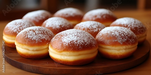 A close-up view of a wooden platter displaying several sufganiyot, traditional Hanukkah doughnuts, dusted with powdered sugar photo