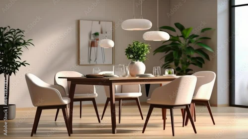 A modern dining area featuring a wooden table, stylish chairs, and decorative plants. A modern dining area featuring a wooden table, stylish chairs, and decorative plants.