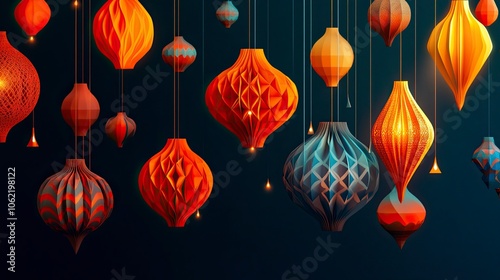 Happy Diwali. Group of paper graphic Indian lantern on Indian festive theme big banner background. The Festival of Lights. generative ai