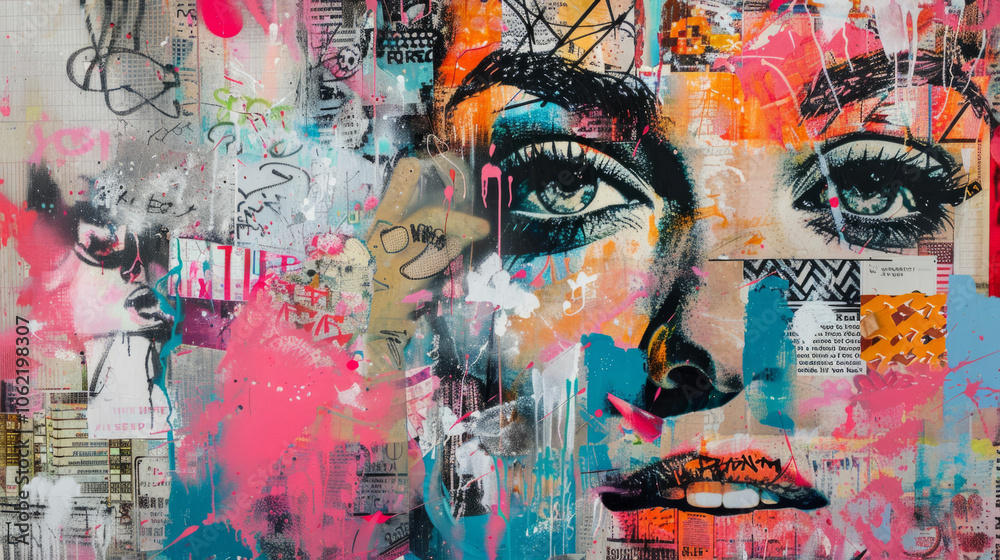 Fototapeta premium Colorful urban mural depicting a woman's face with vibrant graffiti art