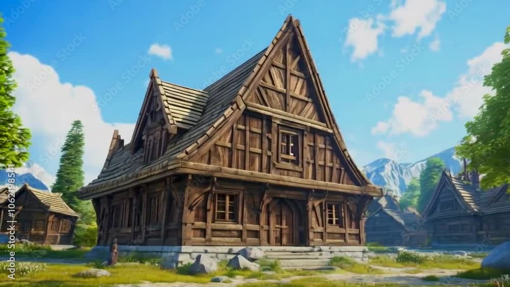 A charming wooden house with a steep roof set against a scenic mountain backdrop. A charming wooden house with a steep roof set against a scenic mountain backdrop.