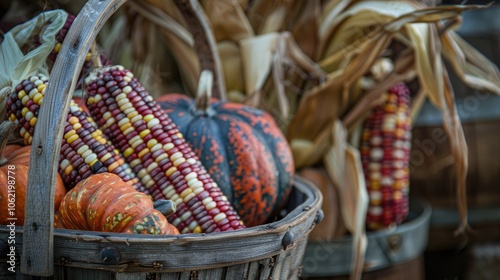 Close-up of pumpkins and corn in a basket photo