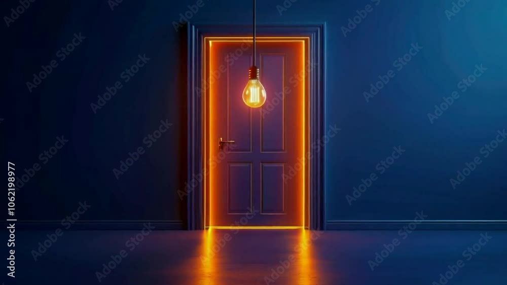 A glowing door in a dark room, illuminated by a hanging light bulb. A glowing door in a dark room, illuminated by a hanging light bulb.