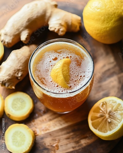 A tangy kombucha featuring a fermented black tea base, infused with ginger and lemon, offering a probiotic-rich beverage that supports gut health and provides a refreshing, effervescent experience photo