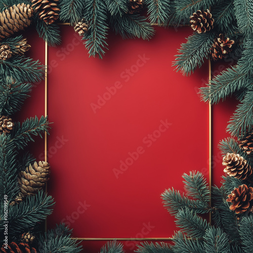 Golden frame with Red background, surrounded with christmasy decor: Pine trees and cones. Background for text