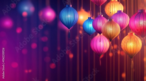 Happy Diwali. Group of paper graphic Indian lantern on Indian festive theme big banner background. The Festival of Lights,generative ai