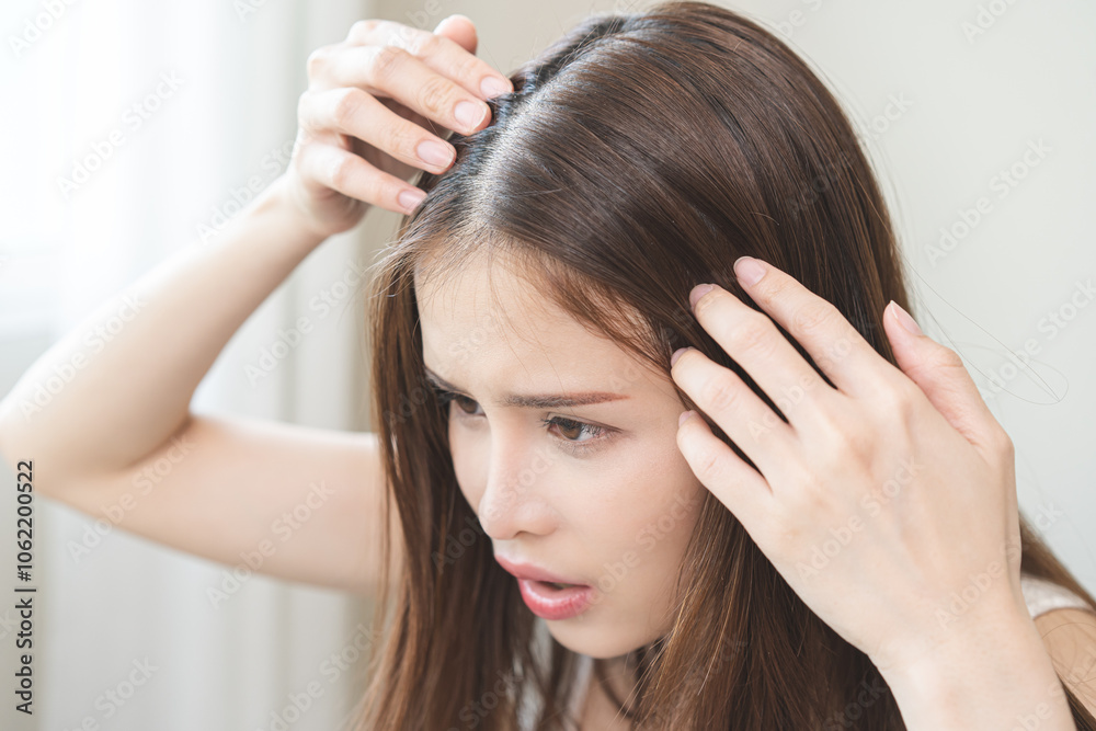 Damaged hair symptom, problem hair fall asian young woman, girl worry about balding, looking at scalp in mirror, hand in break into front hair loss, thin problem. Health care treatment for beauty. Damaged hair symptom, problem hair fall asian young woman, girl worry about balding, looking at scalp in mirror, hand in break into front hair loss, thin problem. Health care treatment for beauty.