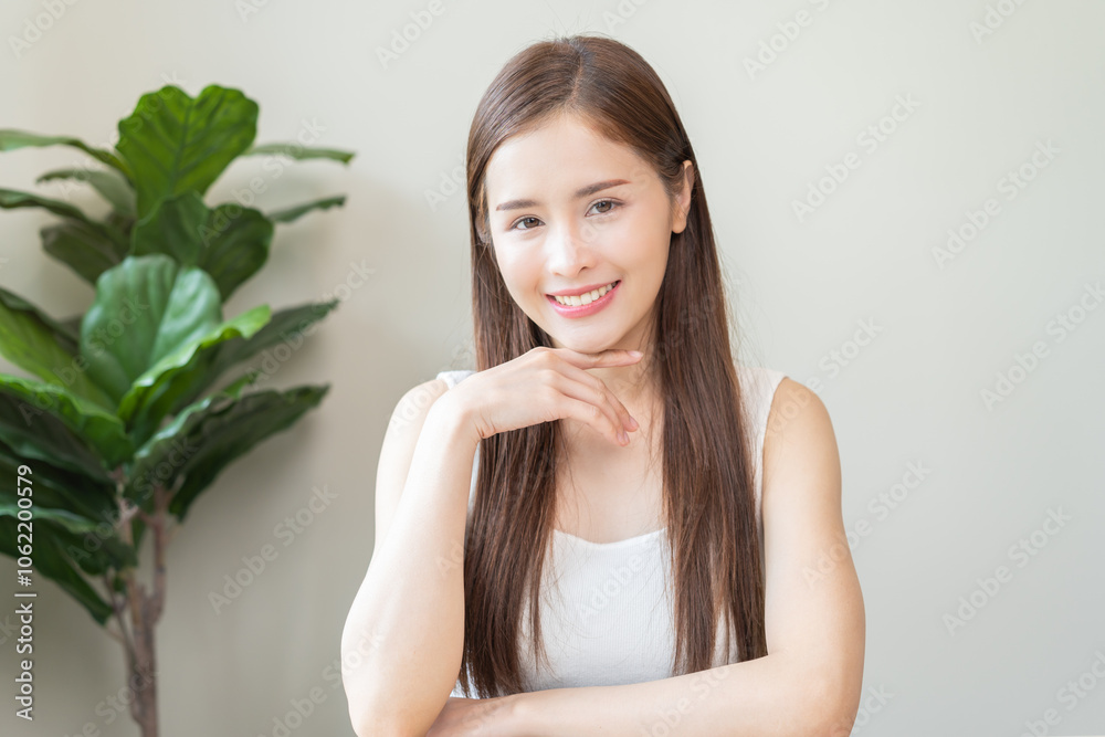 Smile positive, attractive confident asian young woman, girl wearing casual, portrait of female beautiful brunette hair, feeling happy comfortable looking at camera, copy space, isolated on background Smile positive, attractive confident asian young woman, girl wearing casual, portrait of female beautiful brunette hair, feeling happy comfortable looking at camera, copy space, isolated on background