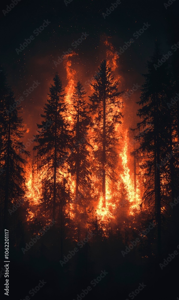 Forest Fire at Night with Silhouetted Trees Forest Fire at Night with Silhouetted Trees
