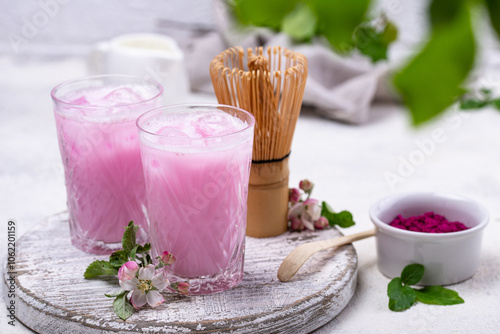 Pink matcha ice latte with milk photo