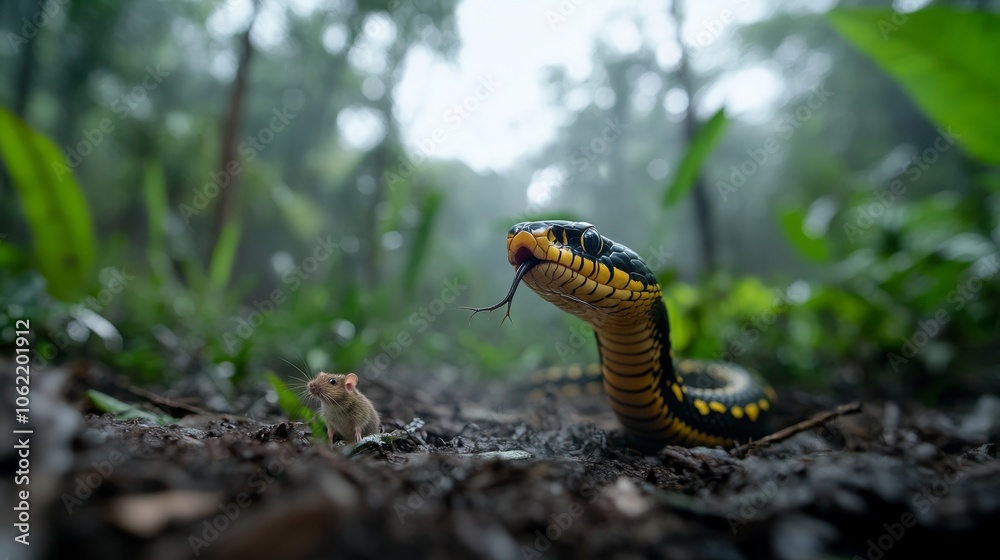 Fototapeta premium Cobra's Forest Feast: A king cobra devours a mouse in a dense forest.
