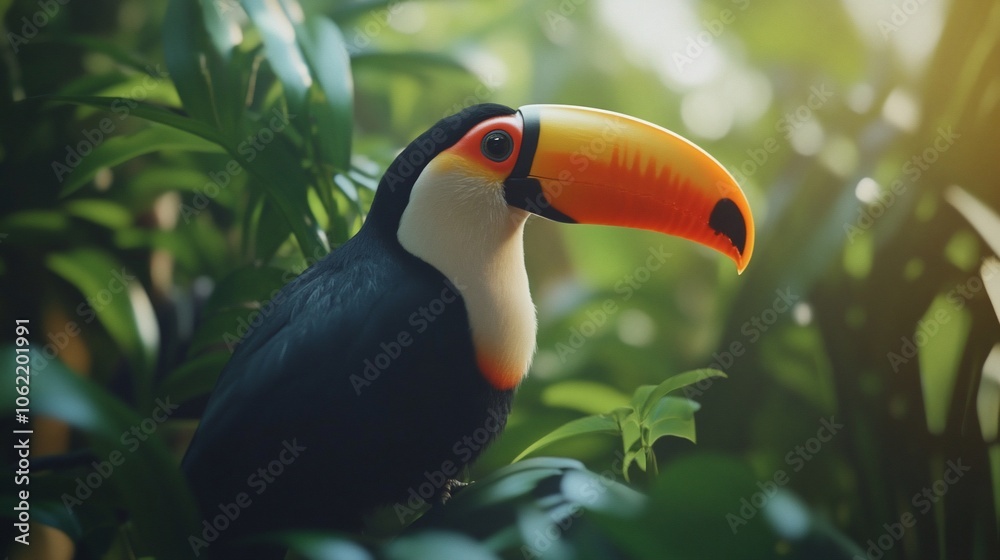 Obraz premium A toucan with a large orange beak perches among green leaves in a tropical rainforest.