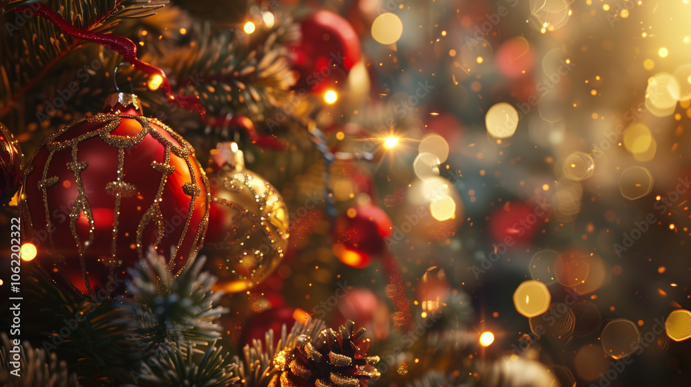 Festive Christmas ornament on tree with lights Festive Christmas ornament on tree with lights