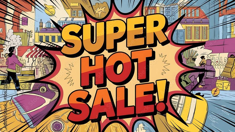 Fototapeta premium Comic Book Style Super Hot Sale Banner with Cityscape Background