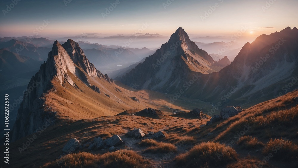 Majestic mountain landscape at sunset with rocky peaks and glowing horizon Majestic mountain landscape at sunset with rocky peaks and glowing horizon
