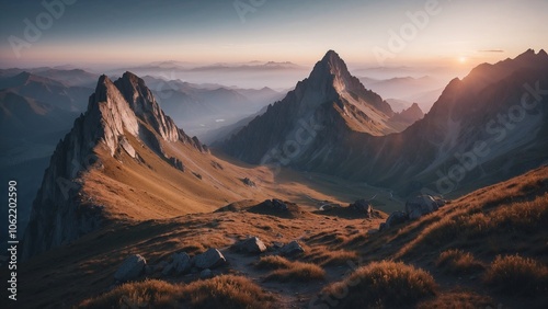 Majestic mountain landscape at sunset with rocky peaks and glowing horizon