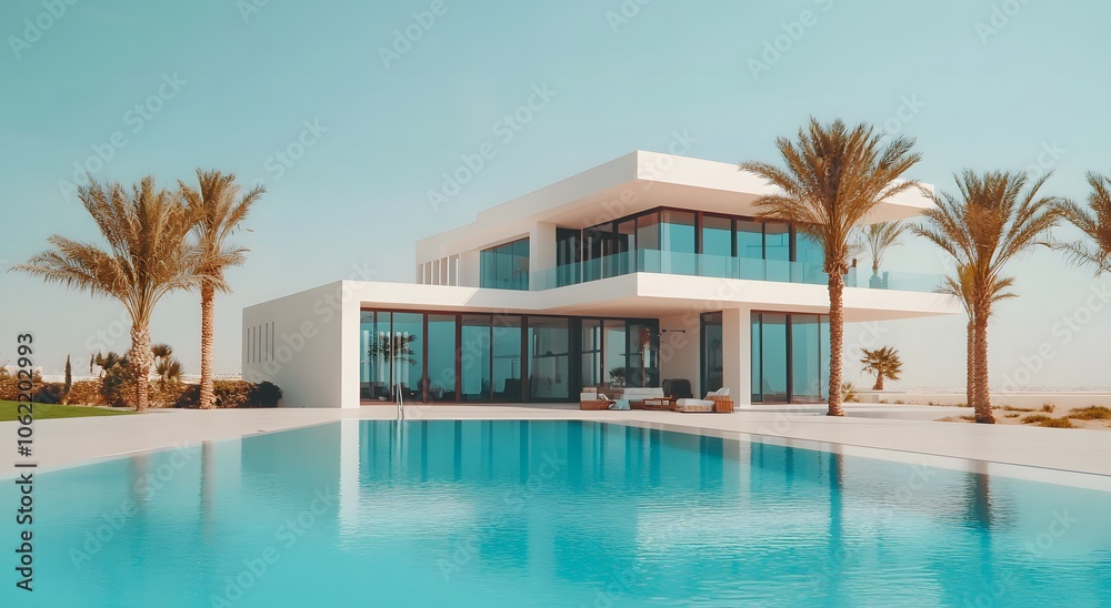 Fototapeta premium A contemporary modern white villa with large windows, surrounded by palm trees and an infinity clear swimming pool in front. The style is high luxury with detailed architecture and modern furnishings.