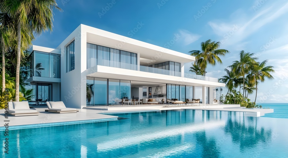 Fototapeta premium A contemporary modern white villa with large windows, surrounded by palm trees and an infinity clear swimming pool in front. The style is high luxury with detailed architecture and modern furnishings.